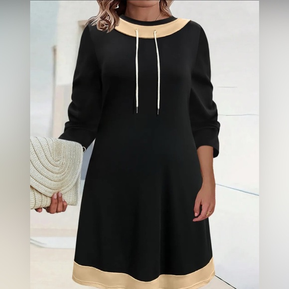 Dresses & Skirts - Plus Size Contrast Trim Drawstring Long Sleeve Mini Dress